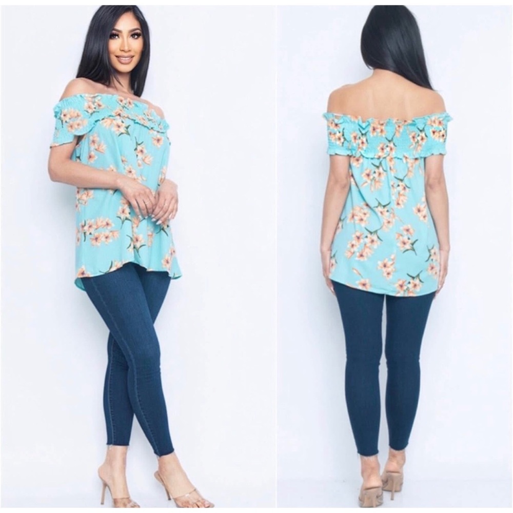 2 LEFT! Aqua Peach Floral Off Shoulder Flowy Cute Summer Spring Top - Picture 3 of 3